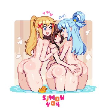 3girls age_difference aqua_(konosuba) artist_name ass back black_hair blonde_hair blue_eyes blue_hair braid closed_mouth commentary completely_nude darkness_(konosuba) english_commentary from_behind grabbing_another&#039;s_ass groping hair_ornament hair_rings hand_on_another&#039;s_ass highres hug kono_subarashii_sekai_ni_shukufuku_wo! loli long_hair looking_at_another looking_at_viewer looking_back median_furrow megumin multiple_girls nude open_mouth pixel_art ponytail ponytail_with_braided_base red_eyes rubber_duck sim0n404 single_hair_ring sphere_hair_ornament steam thighs wading water wet x_hair_ornament yuri