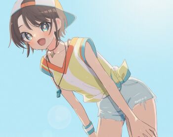 Rule 34 | 1girl, aqua eyes, backwards hat, baseball cap, blue shorts, brown hair, collarbone, commentary request, hands on own legs, hat, hololive, kingyo (g-fish), lower teeth only, oozora subaru, open mouth, orange pupils, shirt, short hair, shorts, smile, solo, sweat, teeth, torn clothes, torn shorts, v-neck, virtual youtuber, whistle, whistle around neck, yellow shirt