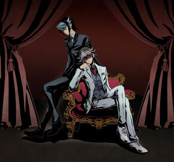 2boys akaba_reiji arm_rest behind_another black_coat black_hair black_necktie black_pants black_shoes blazer brown_hair chair coat colored_bangs crossed_legs curtains dress_shirt facing_to_the_side formal_clothes grey_eyes grey_shirt hand_on_own_cheek hand_on_own_face hand_rest indoors jacket kurosaki_shun_(yu-gi-oh!) leaning_back leaning_on_object looking_to_the_side male_focus multiple_boys muted_color necktie on_chair open_clothes open_coat pants pocket_square red-framed_eyewear red_background red_necktie saika318 semi-rimless_eyewear shirt shoes sitting stage under-rim_eyewear vest waistcoat white_coat white_pants white_shoes yu-gi-oh! yu-gi-oh!_arc-v