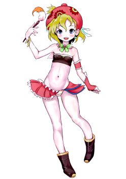 1girl absurdres beret blonde_hair blue_eyes boots brush cameltoe covered_erect_nipples esora_koto female_focus final_fantasy final_fantasy_vi hat highres loli miniskirt navel open_clothes open_mouth panties relm_arrowny simple_background skirt square_enix standing underwear white_background