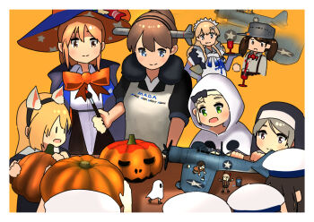 Rule 34 | 6+girls, aircraft, aircraft request, airplane, animal ears, apron, cape, cat ears, fairy (kancolle), fake arrow headband, ghost costume, halloween costume, hat, intrepid (kancolle), jack-o&#039;-lantern, janus (kancolle), javelin (kancolle), jervis (halloween) (kancolle), jervis (kancolle), kantai collection, leotard, maid, maid headdress, minneapolis (halloween) (kancolle), minneapolis (kancolle), multiple girls, neck pillow, nun, orange background, pumpkin, richard p. leary (halloween) (kancolle), richard p. leary (kancolle), ryuujou (kancolle), timmyyen, torpedo, upper body, witch hat