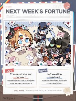 Rule 34 | 3girls, :3, :d, ahoge, beret, black hair, blue eyes, blue hair, blunt bangs, blush stickers, braid, closed mouth, commentary, crown braid, donna (stella sora), english commentary, english text, envelope, fang, freesia (stella sora), goggles, goggles on head, hair ornament, hairclip, hat, heterochromatic eyewear, highres, kurihara sakura, long hair, low-tied long hair, multi-tied hair, multicolored hair, multiple girls, o o, official art, one side up, open mouth, orange hair, parallel hairclips, pile, post haste (stella sora), red eyes, red hat, side ponytail, skin fang, smile, stella sora, streaked hair, sweatdrop, teresa (stella sora), tinted eyewear, too many, turn pale, white hair