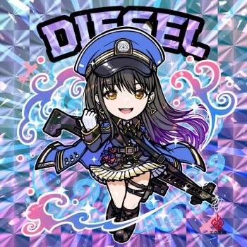 1girl blue_headwear blue_jacket brown_eyes brown_hair character_name chibi diesel_(nikke) goddess_of_victory:_nikke hair_between_eyes hat jacket kanchiyo long_hair military_hat military_jacket military_uniform open_clothes open_jacket peaked_cap sidelocks solo