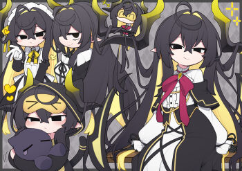 1girl absurdres animal animal_hood animal_hug apron argyle_background arm_support black_dress black_eyes black_gloves black_hair blonde_hair blush_stickers border bow bowtie brooch center_frills closed_mouth colored_inner_hair commentary_request commission creature crossed_bangs deformed detached_horns dress frills gloves grey_background grey_border hair_between_eyes hair_intakes hand_to_own_mouth heart highres hood hood_up hoodie hug jewelry jitome juliet_sleeves kisaragi_kaya long_dress long_hair long_sleeves looking_at_viewer low_wings maid_headdress multicolored_hair multiple_views neck_ribbon on_bench open_clothes open_hoodie original outside_border puff_of_air puffy_sleeves red_ribbon ribbon second-party_source sideways_mouth sitting sleep_mask smile smug tsurime very_long_hair w white_apron wings yellow_bow yellow_bowtie zzz