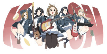Rule 34 | 5girls, :d, ;), absurdres, akiyama mio, bass guitar, black hair, black pantyhose, black socks, blazer, blonde hair, blue jacket, blue ribbon, blue skirt, brown hair, brown shoes, collared shirt, copyright name, drumsticks, electric guitar, grin, guitar, highres, hirasawa yui, ho-kago tea time, holding, holding bass guitar, holding drumsticks, holding guitar, holding instrument, instrument, jacket, k-on!, keyboard (instrument), kneehighs, kotobuki tsumugi, loafers, long hair, mangpum (taro109210), multiple girls, nakano azusa, neck ribbon, one eye closed, open clothes, open jacket, open mouth, pantyhose, pleated skirt, red ribbon, ribbon, sakuragaoka high school uniform, school uniform, shirt, shoes, short hair, skirt, smile, socks, tainaka ritsu, teeth, thighs, tongue, twintails, upper teeth only, white shirt, winter uniform