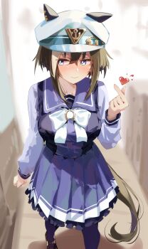 1girl absurdres animal_ears blue_eyes blush bow bowtie breasts brown_hair cheval_grand_(umamusume) closed_mouth ear_covers ears_through_headwear finger_heart hair_between_eyes hat hat_belt heart highres horse_ears horse_girl horse_tail long_hair medium_breasts multicolored_hair peaked_cap pleated_skirt purple_sailor_collar purple_serafuku purple_shirt purple_skirt purple_thighhighs sailor_collar sailor_shirt school_uniform serafuku shirt skirt solo streaked_hair tail thighhighs tracen_school_uniform umamusume white_bow white_bowtie white_hair white_hat yoojp