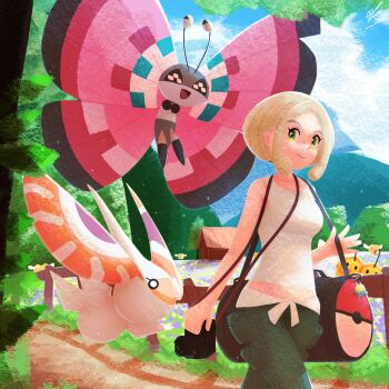 1girl :d antennae black_bag blonde_hair blue_sky bug building butterfly camera closed_mouth cloud combee commentary_request day ewokakukaede eyelashes fence field flower flower_field flying gen_3_pokemon gen_4_pokemon gen_6_pokemon green_eyes green_pants highres holding holding_camera insect insect_wings masquerain nintendo open_mouth outdoors pants path poke_ball_theme pokemon pokemon_(creature) pokemon_xy road shirt short_hair sidelocks signature sky sleeveless sleeveless_shirt smile surskit viola_(pokemon) vivillon vivillon_(meadow) white_shirt wings wooden_fence