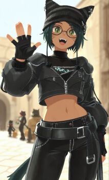 1girl :d animal_ears beanie belt black_gloves black_hair blurry cat_ears crop_top dark_skin deli_mage emo_fashion final_fantasy final_fantasy_xiv fingerless_gloves glasses gloves green_eyes hat highres jacket looking_at_viewer midriff navel open_mouth pants short_hair smile