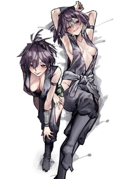 Rule 34 | absurdres, arm up, belt, bending, black kimono, breasts, cleavage, clothing cutout, commentary request, highres, hip vent, japanese clothes, jigokuraku, kimono, ninja, on bed, plunging neckline, purple hair, sash, sideless kimono, suggestive fluid, tongue, tongue out, vivo (vivo sun 0222), yuzuriha (jigokuraku)