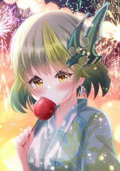 1girl absurdres aerial_fireworks aqua_hair breasts candy_apple colored_inner_hair dragon_musume_ni_naritakunai! duel_masters earrings fireworks food gradient_background green_hair hair_ornament highres holding_candy_apple holding_food japanese_clothes jewelry kimono large_breasts light_blush looking_at_viewer masanohe_(etoileair) medium_hair multicolored_hair nagareboshi_asche print_kimono signature solo upper_body yellow_eyes