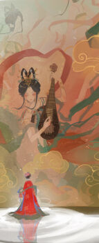 3girls absurdres armlet black_hair bow-shaped_hair bracelet chinese_clothes chinese_hairpin closed_eyes closed_mouth commentary_request earrings eyeshadow faceless faceless_female floral_print flower frilled_hanfu from_behind giant giantess glamorous_nights_(shining_nikki) gold_armlet gold_bracelet hagoromo hair_bun hair_flower hair_ornament hair_rings hairpin hanfu highres holding holding_lantern instrument jewelry lantern light_particles lipstick long_skirt long_sleeves lotus makeup miqing multiple_bracelets multiple_girls multiple_hairpins music necklace nikki_(series) pink_eyeshadow pink_flower pink_lips pipa_(instrument) playing_instrument red_hanfu red_skirt reflective_floor ripples shawl shining_nikki short_hair single_hair_bun size_difference skirt smile soaring_plumes_(shining_nikki) standing standing_on_liquid updo water xiangyun