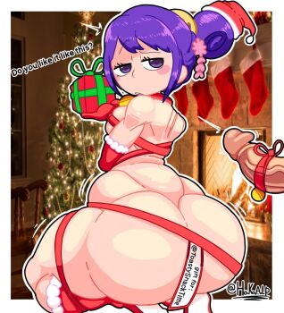 1boy 1girl artist_name ass bell blush blush_stickers christmas christmas_present christmas_stocking christmas_tree comb elbow_gloves erection flower gift gift_wrapping gloves hair_bun hair_flower hair_ornament hakaalp hakasitoalp holding holding_gift huge_ass jingle_bell kurozumi_tama kyojiri_loli loli looking_back one_piece penis penis_ribbon photo_background purple_eyes purple_hair ribbon thick_thighs thighs