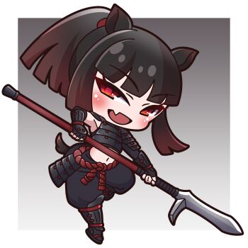 1girl :d absurdres animal_ears arm_guards armor black_gloves black_pants black_sandals blush brown_hair chibi chinese_zodiac commentary_request crop_top elbow_gloves fang fingerless_gloves gloves gradient_hair grey_background highres holding holding_polearm holding_weapon horse_ears horse_girl horse_tail japanese_armor looking_at_viewer midriff multicolored_hair navel open_mouth original pants polearm ponytail puffy_pants red_eyes saishosaisekojo sandals shoulder_armor sidelocks smile sode solo tail weapon weapon_request year_of_the_horse zouri