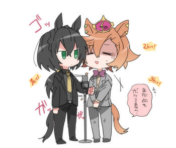 Rule 34 | 2girls, :d, = =, animal ears, beer hsk, black hair, black jacket, black pants, black shoes, braid, brown hair, brown shirt, chibi, closed eyes, closed mouth, collared shirt, commentary request, crown, crown braid, formal clothes, green eyes, grey jacket, grey pants, grey shirt, hair between eyes, horse ears, horse girl, horse tail, jacket, kin'iro ryotei (umamusume), low ponytail, microphone, microphone stand, mini crown, multiple girls, open mouth, pant suit, pants, ponytail, punching, shaded face, shirt, shoes, simple background, small sweatdrop, smile, standing, suit, sweat, t.m. opera o (umamusume), tail, translation request, umamusume, white background