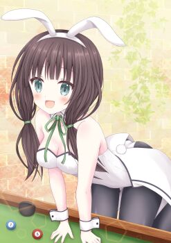 Rule 34 | 1girl, absurdres, animal ears, black pantyhose, blush, breasts, brown hair, cleavage, fake animal ears, fake tail, gochiusa bunnysuit, gochuumon wa usagi desu ka?, green eyes, highres, lantana capella, leotard, long hair, medium breasts, open mouth, pantyhose, playboy bunny, pool table, rabbit ears, rabbit tail, solo, strapless, strapless leotard, table, tail, ujimatsu chiya, white leotard, wrist cuffs