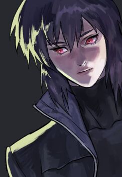 1girl black_background black_hair closed_mouth commentary covered_collarbone english_commentary expressionless facing_viewer ghost_in_the_shell ghost_in_the_shell:_stand_alone_complex hair_between_eyes highres huangdanlan kusanagi_motoko looking_to_the_side medium_hair open_clothes portrait purple_hair realistic red_eyes sidelighting sidelocks sideways_glance simple_background solo turtleneck upper_body