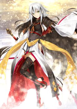 1girl armor black_gloves black_hair black_sandals breasts cape capelet closed_mouth detached_sleeves fate/grand_order fate_(series) floating_hair foot_out_of_frame front_slit fur_cape game_cg gloves green_eyes hair_between_eyes halterneck head_tilt high_collar holding holding_polearm holding_weapon japanese_armor japanese_clothes leg_up light_particles long_hair long_sleeves looking_at_viewer medium_breasts multicolored_hair nagao_kagetora_(fate) official_art outstretched_arms partially_fingerless_gloves platform_sandals polearm sandals sash shoulder_armor side_slit sidelocks skirt smile sode solo standing standing_on_one_leg takeuchi_takashi thighhighs third-party_source toes two-tone_hair variant_set weapon white_capelet white_hair white_skirt white_sleeves wide_sleeves yellow_sash