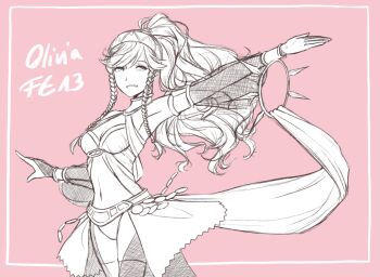 1girl armpits braid breasts character_name dancing female_focus fire_emblem fire_emblem_awakening lithety long_hair monochrome navel nintendo olivia_(fire_emblem) outstretched_arm pink_background ponytail side_braid solo twin_braids