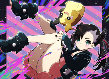 1girl ass asymmetrical_bangs black_boots black_choker black_hair black_jacket black_nails boots choker commentary_request dress gen_8_pokemon green_eyes hair_ribbon highres jacket kazuhiro_(user_aprk8784) looking_at_viewer lying marnie_(pokemon) morpeko morpeko_(full) nail_polish nintendo on_back pink_dress pokemon pokemon_swsh red_ribbon ribbon thighs twintails undercut