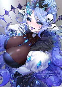1girl animal_ears black_dress black_sclera blue_eyes blue_hair blue_nails breasts cleavage colored_sclera colored_tongue commentary commission dress english_commentary fang fingernails fur-trimmed_shrug fur_trim grey_background hair_ornament hand_up highres horns indie_virtual_youtuber large_breasts long_hair looking_at_viewer mole mole_on_breast mole_under_eye open_mouth parted_bangs purple_tongue shrug_(clothing) simple_background single_horn skull_hair_ornament smile solo upper_body veta_valentine vgen_commission virtual_youtuber watermark white_shrug xxcaaan