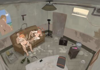 2boys 2girls absurdres age_difference bar_censor bkbbkbkk blush breasts cellphone censored chaos_(yui_yuu) commentary completely_nude couch cum english_commentary flat_chest hetero highres loli multiple_boys multiple_girls nipples nude original penis phone pussy recording sex short_hair small_breasts spread_legs thighhighs vaginal white_thighhighs