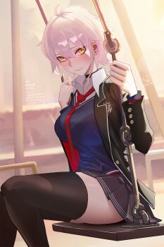 1girl ahoge black_jacket blue_sweater blush breasts choker collared_shirt fate/grand_order fate_(series) grey_hair grey_skirt highres jacket jeanne_d'arc_alter_(fate) large_breasts long_sleeves looking_at_viewer necktie pseudo-tokyo_school_uniform school_uniform shiro_font shirt short_hair sitting skirt smile solo sweater swing white_shirt yellow_eyes