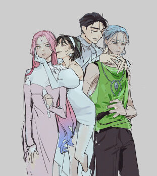 Rule 34 | 2boys, 2girls, alien stage, artist name, black hair, black pants, black tank top, blue hair, closed eyes, commentary, dress, ewltrqat, forehead jewel, gloves, green eyes, green tank top, grey hair, hand on another's face, headset, ivan (alien stage), juliet sleeves, layered clothes, long hair, long sleeves, microphone, mizi (alien stage), multiple boys, multiple girls, pants, pink dress, pink hair, puffy sleeves, shirt, short hair, sua (alien stage), tank top, till (alien stage), turtleneck, turtleneck dress, two-tone dress, very long hair, white dress, white gloves, white shirt, yellow eyes