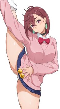 1girl ayase_momo black_choker bow bowtie brown_eyes brown_hair choker collared_shirt dandadan flexible hair_between_eyes highres holding_own_leg leg_lift long_sleeves looking_at_viewer loose_socks microskirt panties pendant_earring pink_sweater red_bow red_bowtie school_uniform shirt short_hair skirt socks split standing standing_on_one_leg standing_split sweater underwear white_panties white_shirt white_socks yami_anko