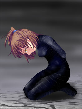 1girl arle_nadja arms_behind_back bdsm bondage bound breasts brown_eyes brown_hair female_focus full_body half_updo kneeling madou_monogatari medium_breasts mummification ponytail puyopuyo pvc pvc_tape short_hair solo sweetsprite tape