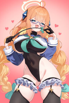 1girl :d ahoge black_gloves black_leotard blue_archive blue_shrug braid braided_twintails breasts cameltoe commentary_request covered_navel fang feather_hair feathers female_pubic_hair frills glasses gloves half_gloves halo heart heart-shaped_pupils highres holding holding_riding_crop impossible_clothes impossible_leotard large_breasts leotard long_hair looking_at_viewer low_twin_braids open_mouth orange_hair pubic_hair pubic_hair_peek riding_crop shimiko_(blue_archive) shimiko_(magical)_(blue_archive) shrug_(clothing) simple_background sketch skin_fang smile solo symbol-shaped_pupils tansui_san_(tcjp4784) twin_braids very_long_hair yellow_feathers yellow_halo