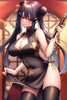 Rule 34 | 1girl, absurdres, alternate costume, alternate hairstyle, bare shoulders, black dress, black hair, blush, breasts, china dress, chinese clothes, cleavage, cleavage cutout, clothes lift, clothing cutout, commentary request, covered navel, dandelion (girls' frontline), double bun, dress, dress lift, floral print, floral print dress, girls' frontline, grin, groin, hair between eyes, hair bun, hair ornament, hair ribbon, hairclip, hand fan, hand up, highres, hip focus, holding, holding fan, indoors, leaning to the side, long hair, looking at viewer, medium breasts, panties, print dress, ribbon, side-tie panties, skin tight, sleeveless, sleeveless dress, smile, solo, striped clothes, striped panties, teasing, thighhighs, thighs, twintails, underwear, very long hair, xlscaler, yellow eyes, yellow ribbon