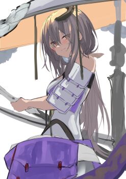 1girl absurdres armor blush closed_mouth from_side goddess_of_victory:_nikke grey_hair hat highres holding holding_weapon japanese_armor jingasa kamiya_mitobe katana large_hat leotard long_hair looking_at_viewer scarlet_(nikke) shoulder_armor simple_background sketch smile sode solo sword weapon white_background white_leotard yellow_eyes