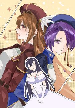 1boy 2girls asprosgy bare_shoulders beret black_hair blue_hat brown_hair capelet closed_eyes closed_mouth crossdressing crossdressing_(mtf) crown dress eiyuu_densetsu estelle_bright hair_between_eyes hat high_collar highres joshua_bright kloe_rinz long_hair military_uniform multiple_girls off-shoulder_dress off_shoulder open_mouth purple_eyes purple_hair red_eyes red_hair short_hair smile sora_no_kiseki sweatdrop swept_bangs upper_body