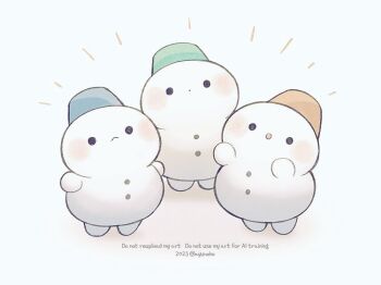 Rule 34 | :o, ayu (mog), blue hat, commentary, english commentary, green hat, hat, no humans, notice lines, open mouth, orange hat, original, simple background, snowman, solid circle eyes, standing, twitter username, watermark, white background