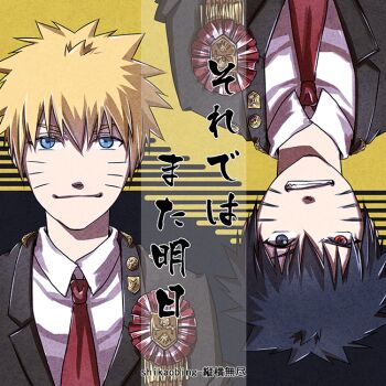 2boys alternate_universe black_hair black_jacket blonde_hair blue_eyes commentary_request facial_mark heterochromia jacket male_focus multiple_boys naruto:_road_to_ninja naruto_(series) naruto_shippuuden necktie red_eyes red_necktie rotational_symmetry shikaobing smile translation_request uzumaki_menma uzumaki_naruto whisker_markings