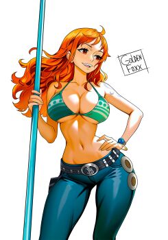 1girl absurdres artist_name bangle bare_shoulders belt belt_buckle bikini bikini_top_only blue_pants bracelet breasts brown_eyes buckle cleavage clima-tact collarbone commentary denim english_commentary feet_out_of_frame floating_hair goldenfoxx green_bikini halterneck hand_on_own_hip highres holding holding_staff jeans jewelry large_breasts log_pose long_hair looking_to_the_side nami_(one_piece) narrow_waist navel one_piece open_mouth orange_hair pants shoulder_tattoo simple_background solo staff stomach swimsuit tattoo underboob wavy_hair white_background
