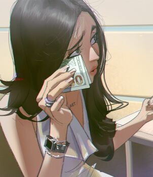 1girl banknote black_hair bracelet brown_eyes derivative_work dollar_bill highres holding holding_money jewelry long_hair meme money necklace ramon_nunez real_life ring screenshot_redraw shirt white_shirt