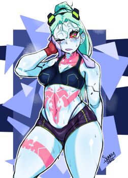 Rule 34 | 1girl, blue skin, blush, breasts, colored skin, commentary, cyberpunk (series), cyberpunk: edgerunners, english commentary, geometric pattern, green hair, highres, looking to the side, navel, one eye closed, open mouth, original, ponytail, rebecca (cyberpunk), shapes, signature, solo, sports bra, sportswear, steam, steaming body, stomach, sunnyslash, sweat, thick thighs, thighs, towel, wiping face, wiping sweat, workout clothes