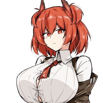 1girl absurdres arknights breasts bright_pupils button_gap buttons closed_mouth collared_shirt commentary_request fiammetta_(arknights) hair_between_eyes highres large_breasts light_frown looking_at_viewer orange_eyes orange_hair partial_commentary shirt short_hair simple_background solo upper_body white_background white_pupils white_shirt xibu_cai