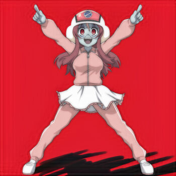 1girl blush breasts brown_hair colored_skin grey_skin helmet highres index_finger_raised jacket large_breasts long_hair long_sleeves looking_at_viewer minamoto_sakura open_mouth pants pink_helmet pink_jacket pink_pants red_background red_eyes scar scar_on_face scar_on_forehead shoes skirt smile socks standing superhero_costume t_jiroo_(ringofriend) teeth track_jacket track_pants track_suit uwabaki white_shoes white_skirt white_socks zombie zombie_land_saga