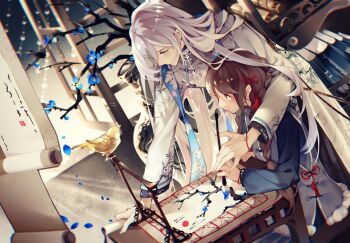 Rule 34 | 1boy, 1girl, arm support, bamboo print, bamboo slips, bird, blue dress, blue flower, blue scarf, blue vest, book, bookshelf, bracelet, braid, branch, brooch, brown eyes, brown hair, cael anselm, cael anselm (mystery), changpao, chinese clothes, closed mouth, commentary request, cowboy shot, dress, earrings, flower, from side, fur-trimmed vest, fur trim, grey hair, hair between eyes, hair ornament, hair ribbon, hand on another's hand, hanging scroll, heroine (lovebrush chronicles), highres, holding, holding book, holding paintbrush, indoors, jewelry, leaf print, leaning forward, long hair, long sleeves, looking at another, looking at object, looking down, lovebrush chronicles, maple leaf print, open window, paintbrush, paintbrush rack, painting (action), painting (object), parted bangs, profile, purple eyes, red ribbon, ribbon, robe, scarf, scroll, sideways glance, sitting, standing, stole, stud earrings, sunlight, table, tassel, tassel hair ornament, twin braids, very long hair, vest, wangulongdong, white robe, window