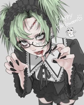 1girl aegyo_sal bib_collar black-framed_eyewear black_choker black_dress black_hairband black_nails black_ribbon black_thighhighs blood blood_from_mouth blurry broken_eyewear bruise bruise_on_face cat chibi choker claw_pose collar commentary cowboy_shot cuts depth_of_field detached_wings dress english_commentary english_text eyelashes eyeshadow fingernails frilled_dress frilled_hairband frilled_sleeves frills ghost ghost_pose ghost_tail green_hair grey_background grey_eyes hair_between_eyes hairband halloween happy_halloween highres injury jirai_kei juliet_sleeves long_fingernails long_sleeves looking_at_viewer makeup neck_ribbon original parted_bangs parted_hair parted_lips puffy_sleeves puritan_collar ribbon sharp_fingernails short_dress short_eyebrows short_twintails smokey_eyeshadow spiked_choker spiked_hair spikes tamori_(tamori_www) teeth thick_lips thighhighs twintails white_collar wide_sleeves wings