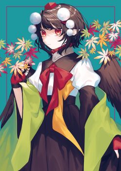 1girl absurdres autumn_leaves black_hair black_wings bow bowtie commentary_request expressionless feathered_wings fingerless_gloves gloves hat highres leaf parted_lips pointy_ears pom_pom_(clothes) puffy_sleeves red_bow red_bowtie red_eyes red_gloves red_hair shameimaru_aya short_hair solo tengu tokin_hat toraneko_2 touhou wide_sleeves wings