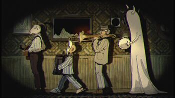 10xxx05 1other 3boys accordion acoustic_guitar bald black_pants black_shoes blue_pajamas brown_shoes collared_shirt facial_hair formal_clothes from_side ghost glasses goat goat_horns grey_jacket grey_pants grey_suit guitar highres holding holding_guitar holding_instrument holding_trombone horns indoors instrument jacket male_focus mask multiple_boys mustache old old_man original painting_(object) pajamas pants round_eyewear shirt shoes short_hair slippers spotlight suit suit_jacket suspenders tambourine trombone walking wallpaper_(object) white_hair white_shirt white_slippers