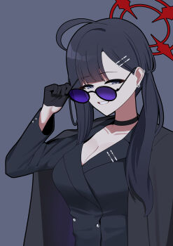 Rule 34 | 1girl, absurdres, adjusting eyewear, black choker, black coat, black gloves, black hair, blue archive, breasts, choker, cleavage, coat, commentary, gloves, grey background, grin, hair ornament, hairclip, half gloves, halo, highres, ichika (blue archive), long hair, parallel hairclips, red halo, round eyewear, school uniform, simple background, smile, solo, sunglasses, tost (cloi123), upper body