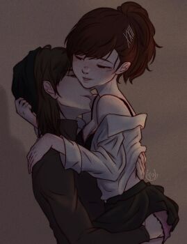 aragaki_shinjirou atlus bra breasts brown_eyes brown_hair hair_ornament highres litoldebil medium_breasts panties persona persona_3 persona_3_portable ponytail red_eyes shiomi_kotone skirt sweater touching_ass turtleneck turtleneck_sweater underwear undressing undressing_another