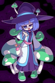 1girl :d @_@ absurdres arm_at_side black_background blue_trim blunt_bangs bob_cut breasts bridal_gauntlets coat commission deformed dress eyelashes full_body green_shoes hand_up hat highres jewelry long_dress lower_eyelashes_only mushroom necklace open_clothes open_coat open_mouth original pendant pink_sash pleated_dress purple_background purple_dress purple_hair purple_hat raised_eyebrow sash second-party_source shan_grila shoes skeb_commission small_breasts smile snake solo standing toon_(style) two-tone_background underlighting uneven_eyes wavy_background white_bridal_gauntlets white_coat wide_sleeves