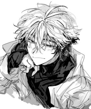 Rule 34 | 1boy, antenna hair, blush, closed mouth, earrings, greyscale, hair between eyes, half-closed eyes, hand on own cheek, hand on own face, head rest, jacket, jewelry, long sleeves, looking at viewer, male focus, messy hair, monochrome, multicolored hair, off shoulder, open clothes, open jacket, shiguang dailiren, shirt, short hair, simple background, sketch, sleeves past wrists, smile, solo, turtleneck, two-tone hair, tyoookozuki, upper body, white background, xia fei