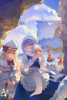 Rule 34 | > <, 5girls, :d, absurdres, aki minoriko, aki shizuha, apron, barefoot, black shoes, black skirt, blonde hair, blue eyes, blue skirt, blue vest, bow, bowtie, brooch, burger, capelet, cirno, closed mouth, cloud, commentary request, day, dress, flower, food, frilled apron, frilled sleeves, frills, hair between eyes, handong luhuo, hands up, hat, hatsune miku, highres, holding, holding burger, holding food, holding suitcase, jewelry, juliet sleeves, letty whiterock, lily white, long dress, long hair, long skirt, long sleeves, looking at another, looking at viewer, mary janes, mob cap, multiple girls, one eye closed, open mouth, outdoors, pink flower, puffy long sleeves, puffy sleeves, railing, red bow, red bowtie, red dress, red hat, rolling suitcase, scarf, shoes, short hair, skirt, smile, socks, standing, suitcase, touhou, vest, waist apron, white apron, white capelet, white dress, white flower, white scarf, white socks, yellow eyes