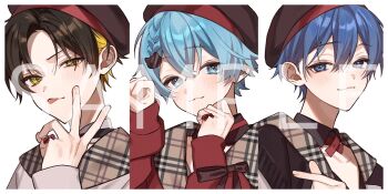 Rule 34 | 3boys, :3, :p, alternate costume, beret, black collar, black hair, blonde hair, blue eyes, blue hair, border, braid, brown hat, brown ribbon, brown sailor collar, brown sweater vest, cat hair ornament, closed mouth, collar, collarbone, column lineup, cross tie, crossed bangs, detached collar, finger heart, finger ribbon, grey shirt, hair behind ear, hair between eyes, hair ornament, hairclip, hat, highres, kamome (utaite), light blush, long sleeves, looking at viewer, male focus, melon parker, multicolored hair, multiple boys, official art, parted bangs, paw pose, plaid clothes, plaid sailor collar, portrait, red shirt, ribbon, sailor collar, sailor shirt, sample watermark, samurai shou, shichi (kotoneco0711), shirt, side braid, sideways glance, simple background, sleeve ribbon, sleeves past wrists, soraneko (utaite), sweater vest, tongue, tongue out, two-tone hair, uneven eyes, utaite, v, v-shaped eyebrows, watermark, white background, white border, yellow eyes